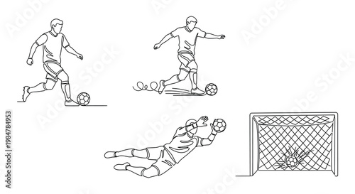 Line art illustration depicting soccer players in various action poses