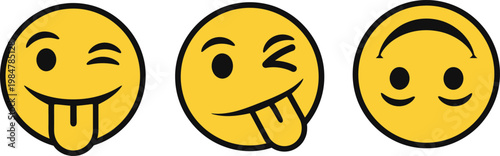 Three yellow emoticons displaying playful expressions winking sticking tongue out and smiling with raised eyebrows
