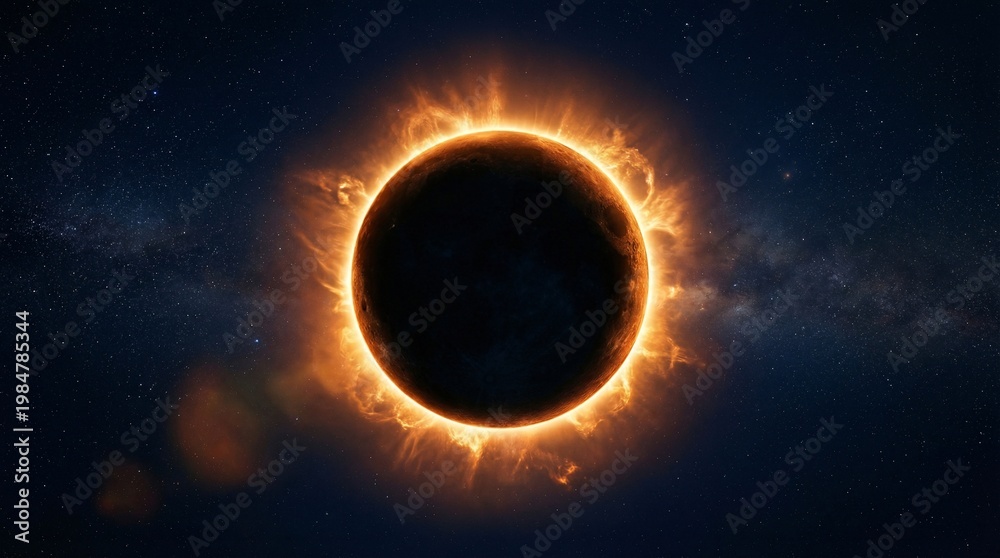 Naklejka premium Annular solar eclipse in deep space surrounded by brilliant fiery corona