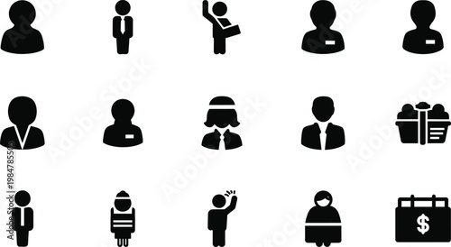 Collection of silhouette icons depicting business professionals with business silhouette briefcase