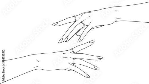 Elegant line art of two hands reaching towards each other from opposite sides with simple rings on their fingers for connection.