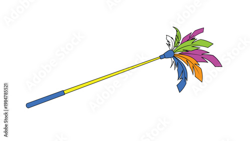 Colorful feather duster with a long yellow handle used for cleaning dust in various household chores isolated on white background.
