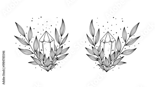 Elegant hand drawn black and white illustration of two mystical crystals surrounded by delicate leafy branches and small stars.