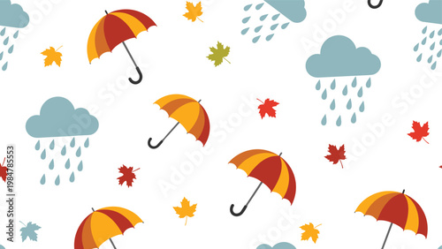Seamless autumn pattern featuring orange umbrellas blue rain clouds and colorful falling maple leaves on a clean white background.