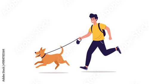 Young man in casual clothes jogging with his energetic brown dog on a leash against a plain white background for active lifestyle.
