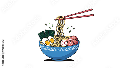 Delicious bowl of Japanese ramen noodle soup with boiled eggs pork slices seaweed and chopsticks isolated on a white background.