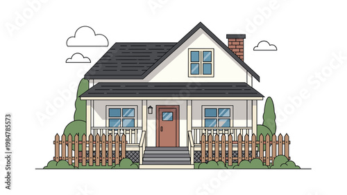 Traditional two-story family house with a front porch white walls and brown wooden fence surrounded by many green bushes.