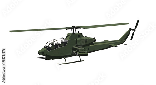 Green military attack helicopter with pilots, weapon pods, and rotor blades, flat design vector illustration