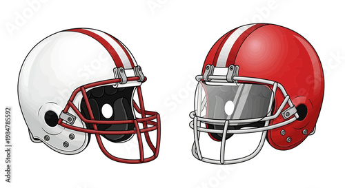 Two American football helmets, one white with red stripes, one red with white stripes, facing each other vector illustration