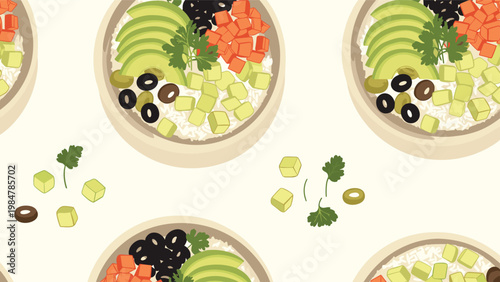 Healthy poke bowl pattern with rice avocado salmon olives and cucumber pieces on a light cream background for culinary backgrounds.