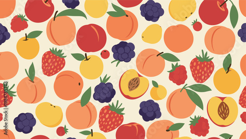 Colorful seamless fruit pattern featuring peaches apples berries and strawberries on a light cream background for organic themes.
