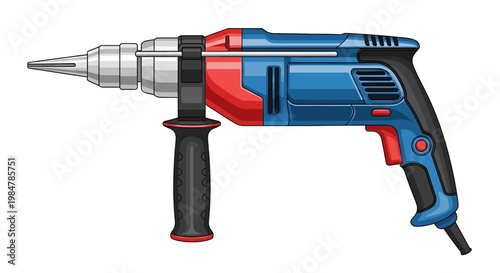 Blue and red power drill with auxiliary handle, isolated on white background, vector illustration