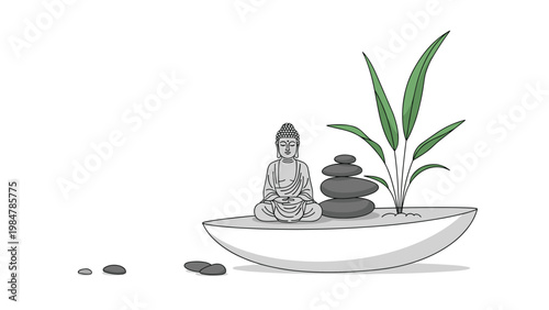 Peaceful scene with a Buddha statue stacked zen stones and a green plant in a shallow white bowl on a white background for wellness.