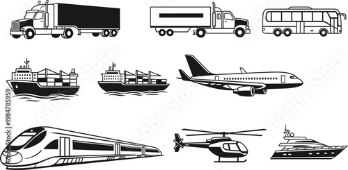 Black and White Global Transportation Vector Icon Set Featuring Semi Trucks, Cargo Ships, Airplane, High Speed Train, Helicopter, and Logistics Vehicles for Shipping and Travel Industry Designs