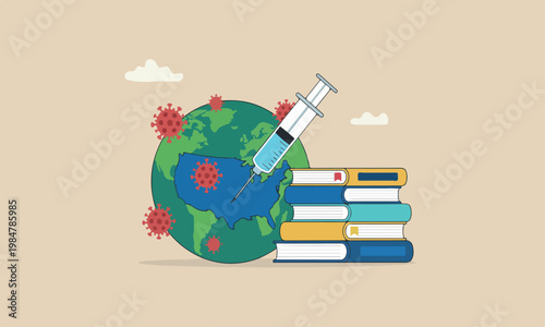 Coronavirus vaccine books planting on USA United States map on green sickness planet earth with red Coronavirus COVID-19 pathogen around