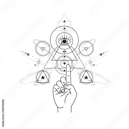 Abstract line art illustration of a hand pointing upwards, surrounded by sacred geometry, cosmic symbols, and patterns, representing spiritual enlightenment and universal connection