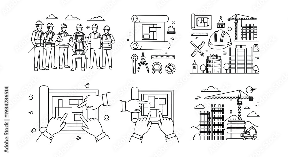 Obraz premium Construction workers blueprints and building site elements in linear design
