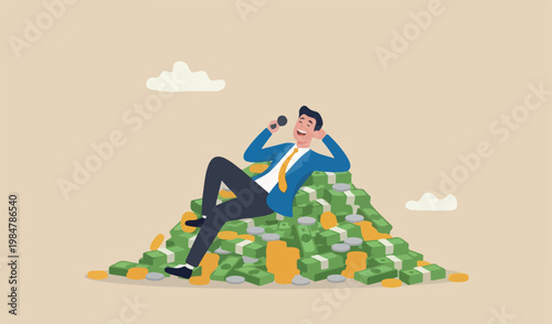  Rich man with his wealth, success businessman earn investment profit, FIRE financial independence retire early concept, rich happy businessman lay down singing pile money coins and banknotes