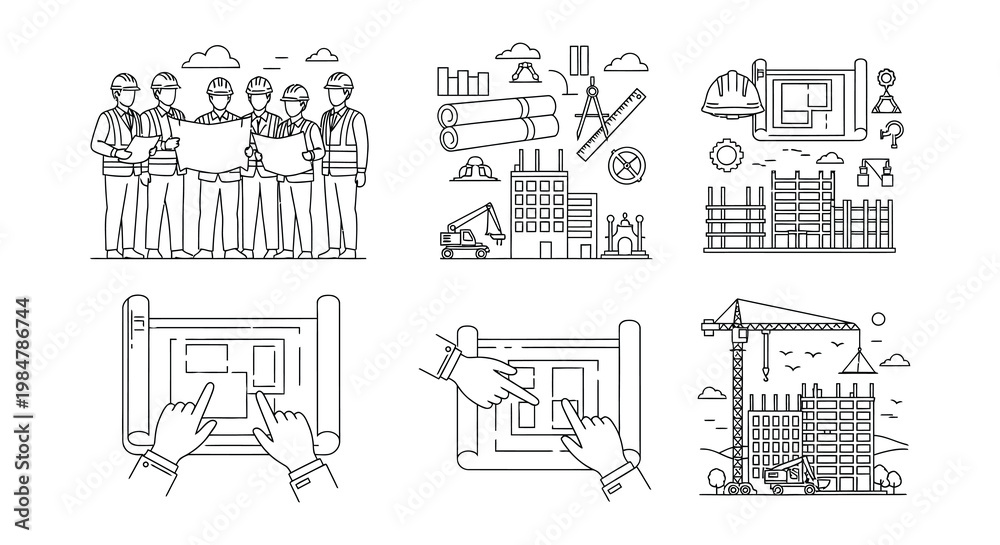 Obraz premium Construction workers blueprints and building site elements in linear design
