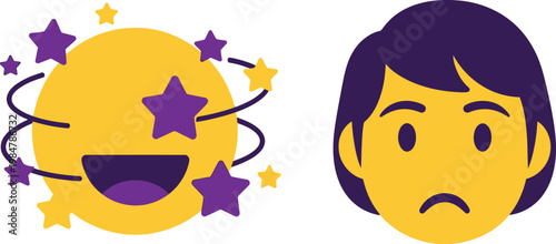 A contrasting pair of emoji faces depicts a joyful star struck expression alongside a somber melancholic countenance