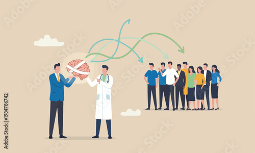 Mental,meeting psychotherapy, emotional intelligence, heal stress disease, mental wellbeing concept, doctor analyze cured mental illness brain with bandage