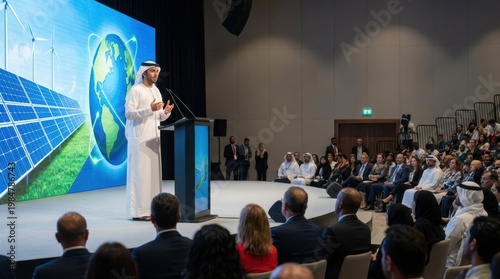 Business Leader Speaking at Energy Conference with Audience in Dubai