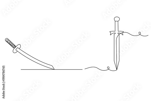  Minimalist single-line drawing of two different sword styles for logo or tattoo design