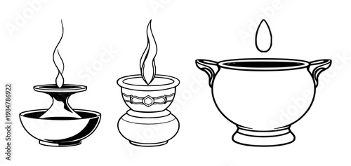 Oil burner set with black line art on white background featuring ceramic oil burner, oil lamp, simple line illustration with minimalist design and single color