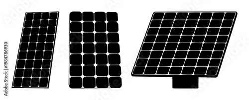 Solar panel grid set with a solid black icon against white background featuring renewable energy, clean power, and utility with modern technology and minimalism