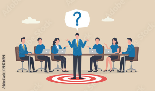 Awkward moment, embarrassment conversation, nervous clueless work, moment question concept, awkward confused red big bullseye too target shrug businessman helpless speech bubble