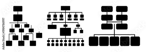 Sitemap icon set with solid black icon on white background depicting a hierarchical diagram featuring sitemap, hierarchy, structure with design and illustration