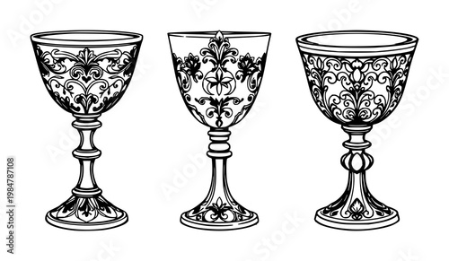 Chalice set with ornate silver line art on white background featuring chalice, silverware, religious iconography with vector and illustration