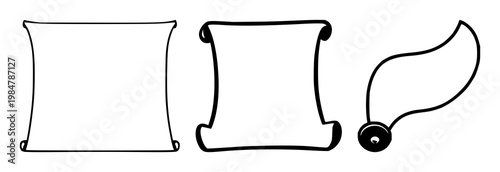 Smart contract digital scroll set with solid black icon on white background featuring minimalistic design, line art, iconography with blockchain and transparency