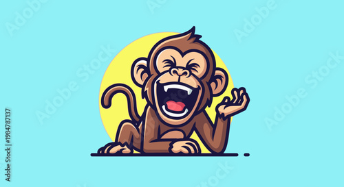Cartoon monkey laughing out loud against blue and yellow background