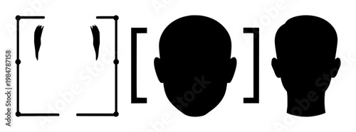 Facial recognition icon set with solid black pictogram on white background featuring facial scan, biometric identification, iconography with security and digital