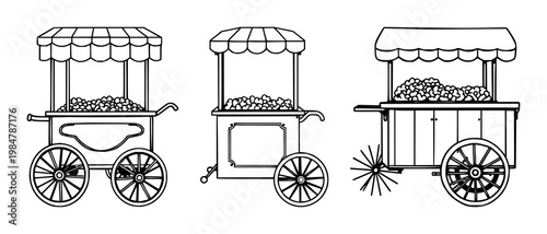 Popcorn cart set with retro line art design on white background featuring classic design, retro style, popcorn with ticket machine and silhouette