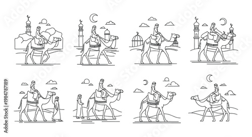 Line art illustration depicting wise men traveling with camels to bethlehem