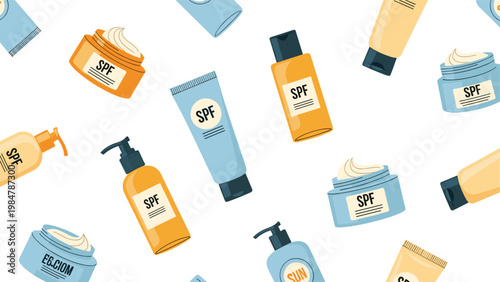 Seamless pattern features various sunscreen product containers including tubes and jars with spf labels in a bright and modern flat vector style.