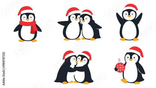 Collection of cute cartoon penguins wearing red santa hats and scarves is shown in various festive poses for christmas holiday celebrations.