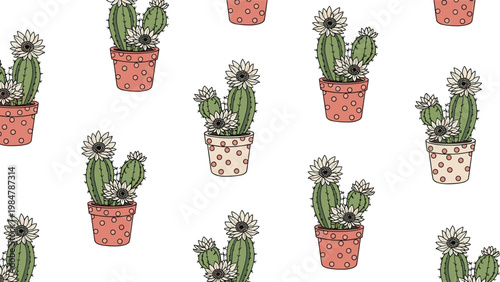 Vibrant seamless pattern depicts blooming green cacti planted in decorative pink and beige polka dot pots arranged on a clean white background.