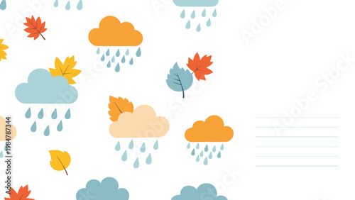 Autumn themed repeating pattern displays rainy clouds and falling maple leaves in warm colors next to blank lines for writing notes or letters.