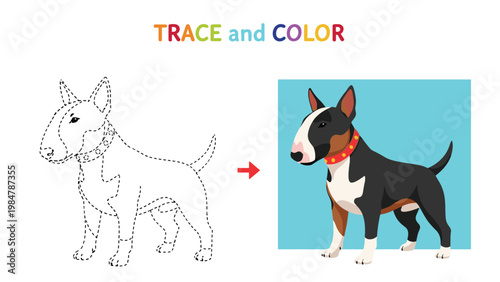 Educational activity sheet for children features a bull terrier dog with a dashed line for tracing and a colored reference for coloring practice.