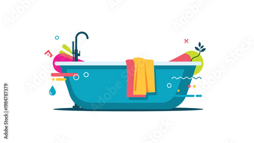 Stylish flat illustration features a blue clawfoot bathtub with a faucet and colorful abstract geometric shapes in the background for decor.