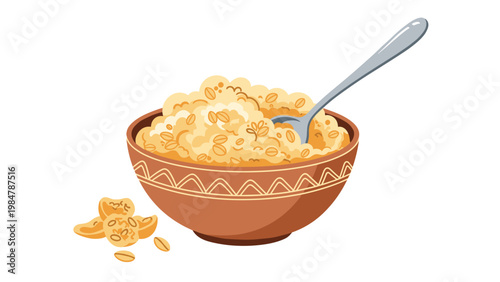 Nutritious bowl of hot oatmeal porridge with a spoon and scattered oat grains is depicted in a colorful hand-drawn style illustration.