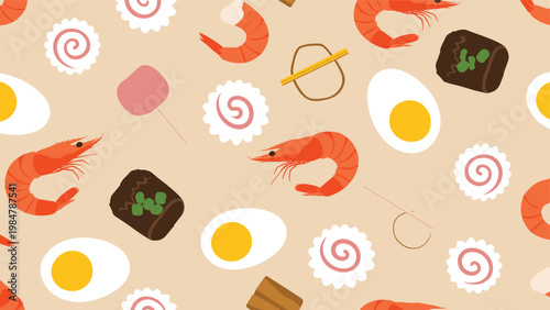 Seamless pattern of Japanese ramen ingredients features shrimp, boiled eggs, fish cakes, and nori seaweed on a light beige background.