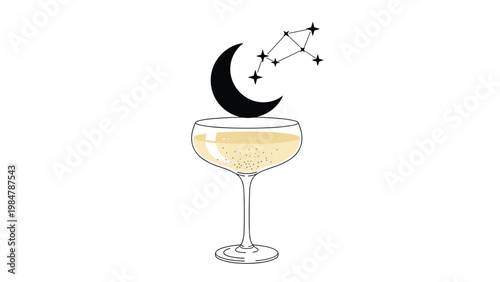 Elegant champagne glass filled with bubbly drink has a black crescent moon and a constellation of stars floating above it in white space.