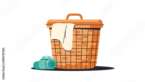 Woven laundry basket with a white cloth hanging over the edge and a detergent bottle sits on a floor in a flat illustration.