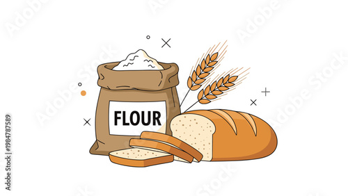 Bag of flour stands next to a freshly baked loaf of bread and slices with wheat stalks in a clean line art style illustration.