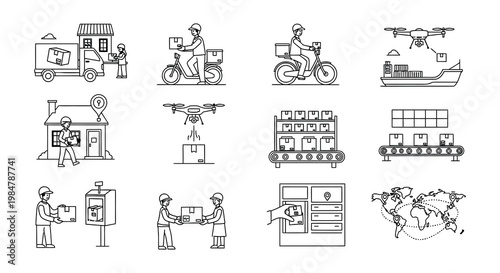 Delivery process icons trucks motorcycles drones and warehouse logistics