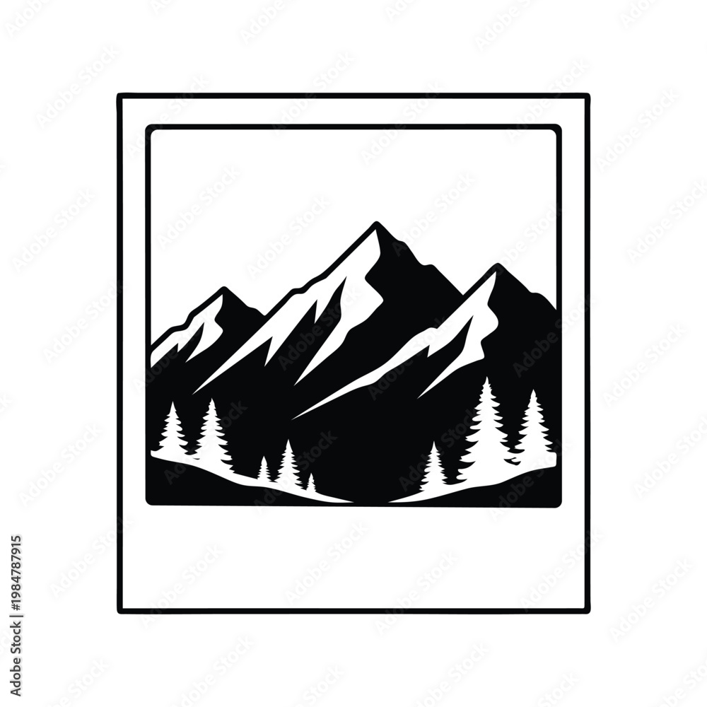 Fototapeta premium Classic black and white vector illustration of majestic mountains and fir trees within a simple graphic frame design.